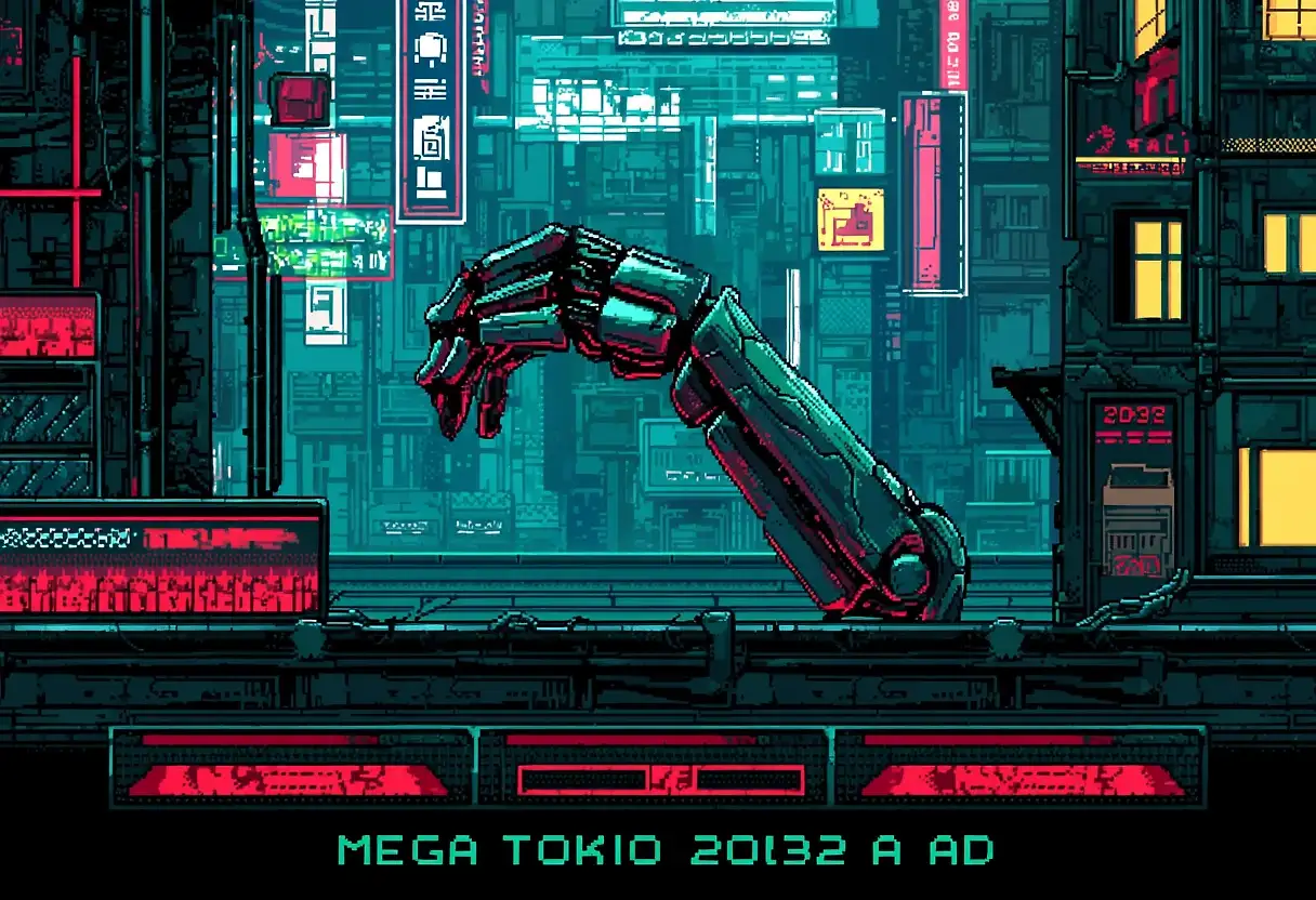 AI art 'Mega Tokyo 2032 AD The videogame' with user description 'The full game is considered lost media, I've downloaded these screenshots from a site of the other side.

Stay tuned for more videogame reviews.'