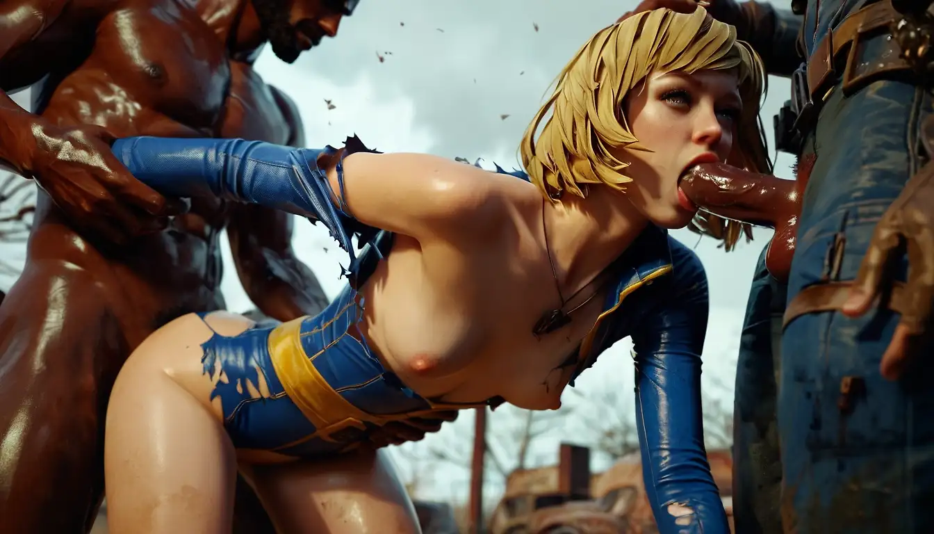 AI art 'Raider Spitroast' with user description 'No better loot in the wasteland than some fresh Vault Dweller pussy.'