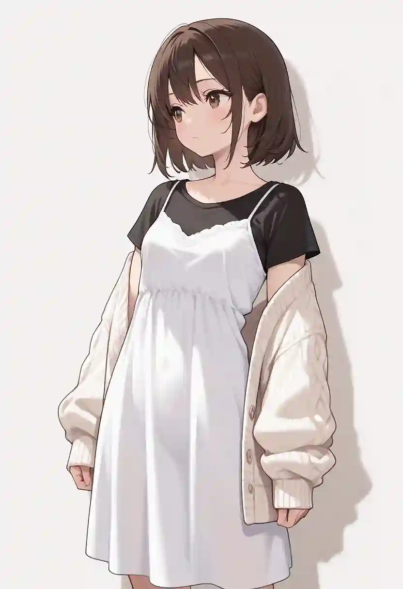 AI art '【初投稿】' with user description '初めて投稿します。
茶髪ショートボブ、白いキャミワンピとゆるふわカーディガン、なんとなく思いついた要素を入れて可愛い子ができたんではないかなと満足してます(笑)
#ショートボブ #キャミワンピ #ちっぱい #微乳'