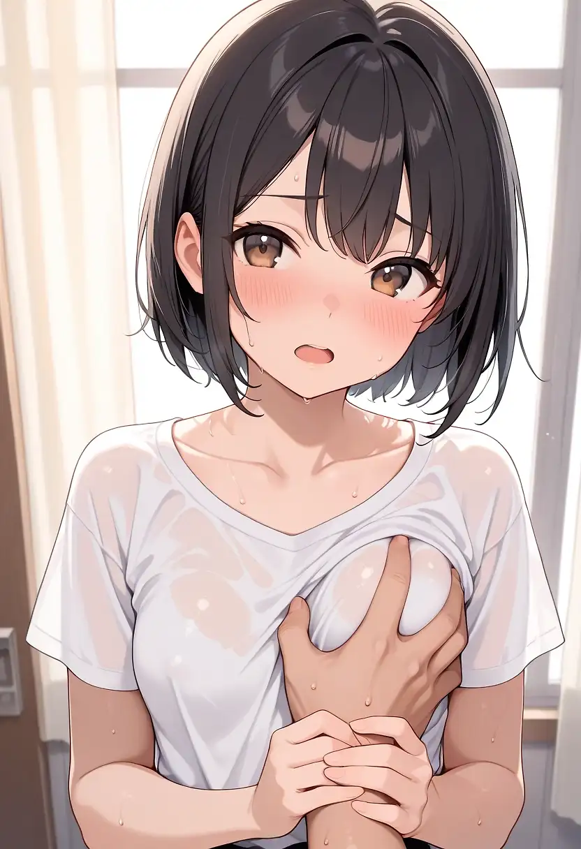 AI art 'imouto-chan' with user description 'She guides him to touch her breasts.'