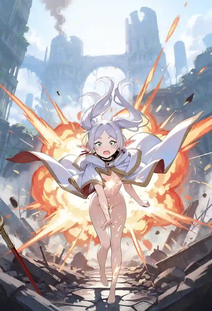 AI art 'Frieren's Accident' with user description 'frierens spell backfires and knocks her clothes off shes covered in residue and fern helps her clean up frieren then wonders around naked till fern scolds her the whole time starks freaking out'