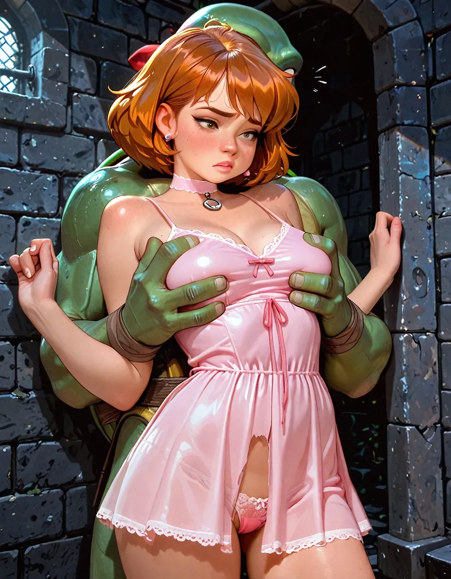 AI art "Cowabunga! April in a Pink dress visits the sewers"