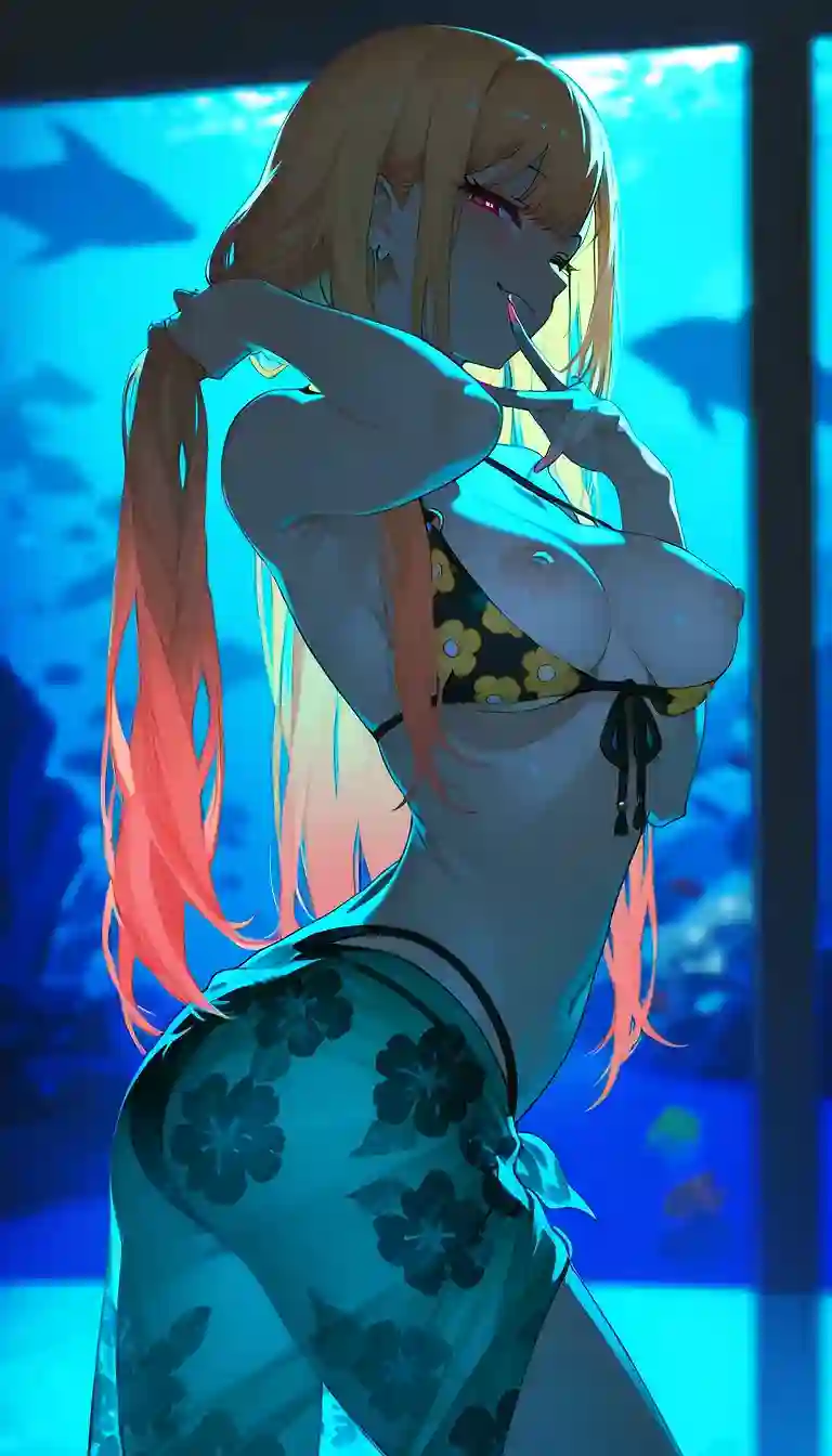 AI art for prompt: 'Marin Kitagawa, 1girl,grabbing own hair, own hand on abdomen, large pointy breasts apart,looking at viewer, breasts out, naughty face,open black floral patterned bikini, soft nipples,long multicolor fade sarong, <break> aquarium, see through silhouette, side lighting, side view, twisted torso, blurred background, hard edge lighting'