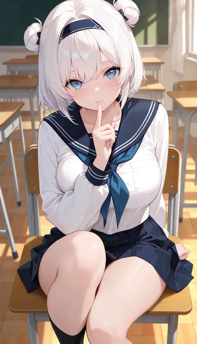 AI art 'Quiet Moment in the Classroom 💙' with user description 'A white-haired anime character with bright blue eyes enjoying a peaceful moment in an empty classroom. Soft sunlight streams through the windows, creating a warm atmosphere that highlights the character's gentle expression and elegant design.'