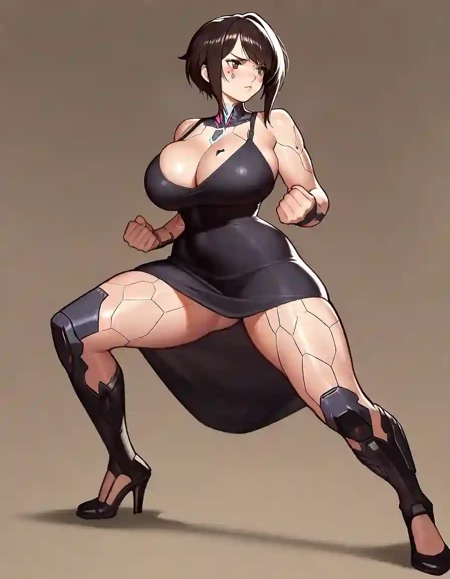 AI art 'Night City QoS' for prompt: '85mm, 1woman, neutral background, in her 20’s, dark brown hair, spades tattoos, cyberpunk honeycomb skin, thicc, busty, mid-height, hourglass figure, black maxi dress, full body, confident, brawler stance, fit, toned, curvy, perfect face, perfect hands, equal-sized breasts, equal-sized thighs'