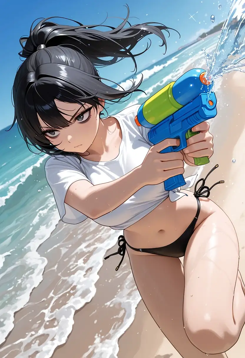 AI art 'Beat the Heat Challenge: Wet T-Shirt Battle' with user description 'The girls conspired for a way to cool off and have some fun at the same time.  The beach seemed the obvious destination choice, but what to do there?  After much deliberation, a water gun battle was decided.  Yulie would supply the ice water ammo, and Lady would keep score (she was too lazy to run around in this heat).

Runie was the first to suggest a way to tell winners from losers.  It was, after all, no fun if they weren’t playing to win.

That was when Sweetheart made her move.  “What do you say we make this interesting?  A real punishment game.  I just so happen to have some extra white t-shirts from the PE supply, and if we don’t use our swimsuit tops…”

A mischievous grin took over her face.

And that was how the wet t-shirt battle began.

Unfortunately for the others, Stealth-Chan might have locked in a little too hard.  The others got the last laugh, though.

(Star wasn’t invited.  Last time she misunderstood the assignment and made it rain on the entire beach.)

(Thanks to @cro_bo for the fun challenge idea!)

Random tags, GO!

@cef_ultra @terror2 @heihund @parda @doggomage @barry915 @azariel @zuzul @goobygubby @warmicestudios @ririfake @gildenstein @bad77 @a_casual_prompter @octavian @peterco @casca_kirei-onna @hollenwulf @zesoul'