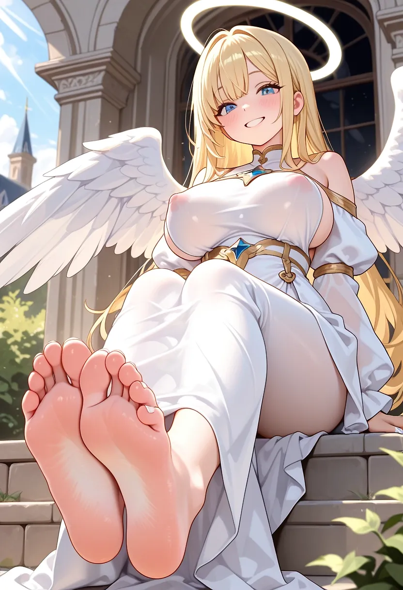 AI art "Angelic Feet" with user description "The lovely angel, surprised by the request to display her feet, shrugs her shoulders, smiles, removes her golden sandals, and bares her feet. "Why the interest in my feet?" she wonders. "Is this some strange human quirk?""