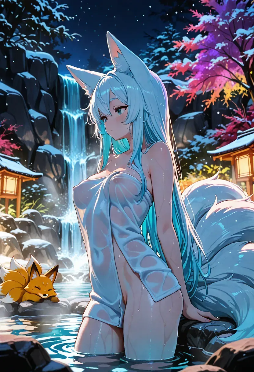 Having fun with my kitsune in the onsen.