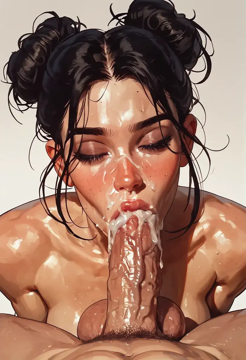 AI art for prompt: 'sexy female, ((sloppy blowjob)), male pov, veiny cock, ((contorted face)), (eyes closed), big balls, perky tits, athletic body, hair in messy bun, (cum leaking out of mouth), nude, mouth stretched wide, (dim lighting), ((huge cum-shot)), tan skin'