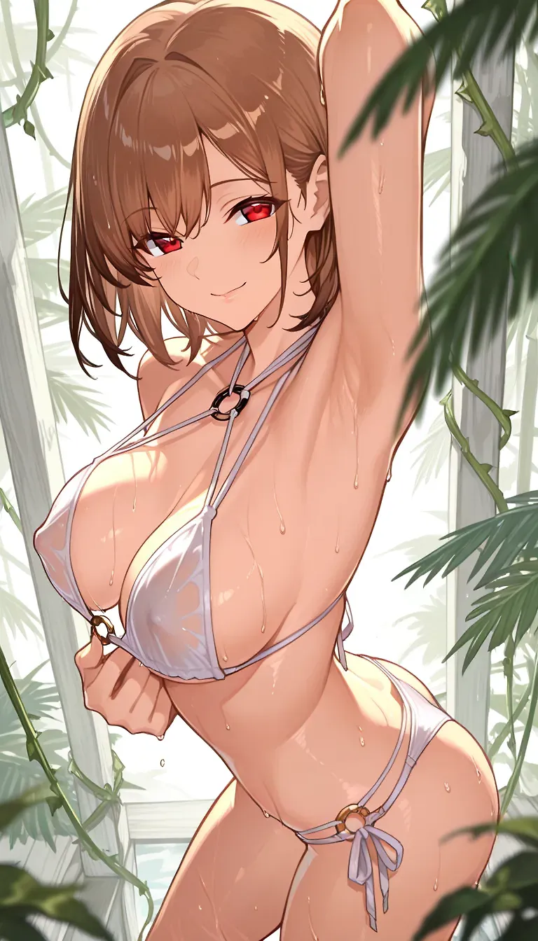 AI art for prompt: "plant, white bikini, 1girl, large perky breasts, blurry foreground, brown hair, solo, vines, palm leaf, looking at viewer, breasts apart, hand in bra, armpits, wet, contrapposto, halterneck, sideboob, twisted torso, o-ring bikini, smile, covered nipples, string bikini, red eyes, short hair,"