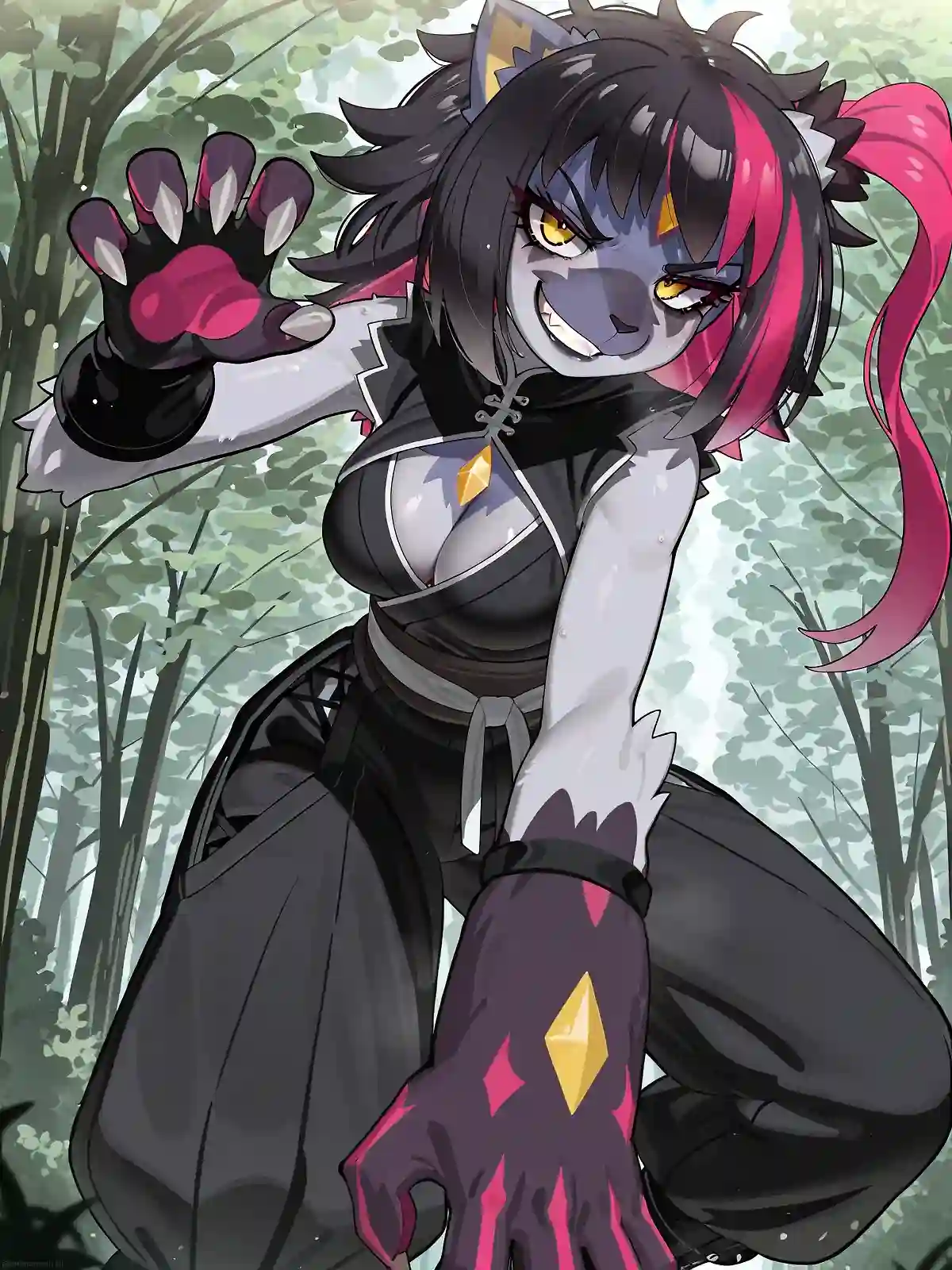 AI art 'Pokégirl Ninjas 2: Sneasler/Nidorina/Groudon' with user description 'More sexy, SFW, ninjas! Still struggling with symmetrical amounts of fingers, but the designs seemed fire, so I kept em anyway. Hope you like em 🥷'