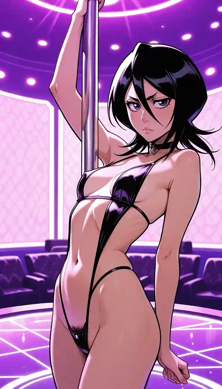 AI art 'Bleach Girls Pole-dancing!' with user description 'Some of the Bleach girls got up on the pole to dance a little and turn up the heat! Which one would you stare at, mesmerized?'