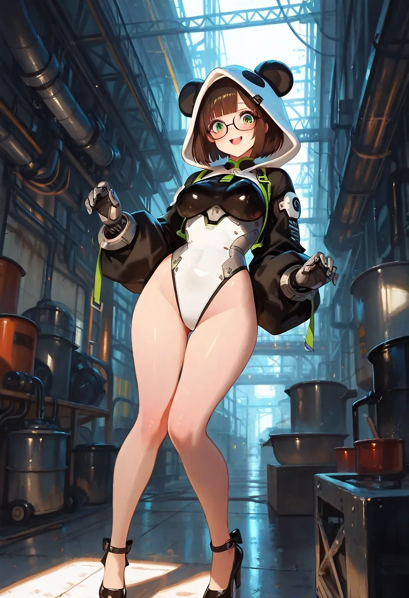 AI art "Is this a hideout or secret club?" with user description "With a slam the door swings opens and a clumpy girl in a panda outfit steps in the room, excitement is written all over her face.

Akiko: Am i right here for annual Panda Convention?

She asks with a open smile, her look goes through the room as she notice a least one other beautiful woman with a pearl tong in panda outfit. Yes this must be the right place. A man approaches her from the middle of the room.

@peterco : Ah hello i'm Peterco and this my place, i would not say that this a Convention...
Akiko: no Convention...

She looks sad at him, as her eyes drifts past him to the dance pole.

Perterco: Well it's no Convention but...
Akiko: Uhhhh is the a dance pole? Do you mind if i?

Without waiting for his answer, she walks toward to the dance pole. She grabs the Pole and started to dance.

Akiko: That's so much fun why don't you watch a little Mr. Peterco?

She dances the pole up and down when suddenly her breasts tumble out of the costume. She doesn't seem to mind, she looks deep into Petercos eyes.

Akiko: Do you like what you see Mr. Peterco?

She asks sweetly."