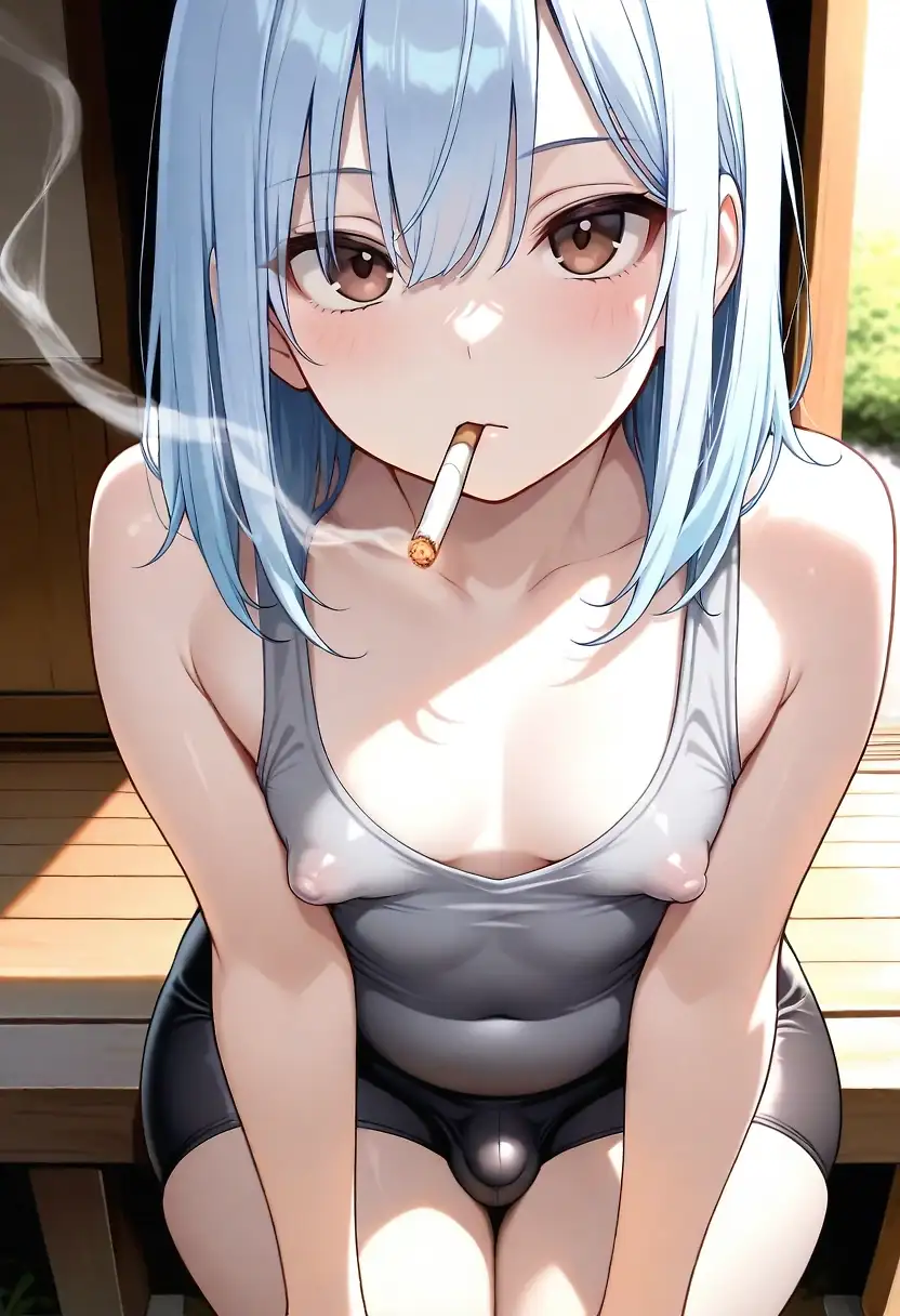 AI art 'Koga, the doomer girlyboy' with user description 'Koga wears drab clothes, has a feminine appearance, smokes the occasional cig (has no navel piercings, but does have nipple barbells), and almost always has a deadpan expression. He loves cute things, has a larger than average cock that is circumcised with smaller than average, close sitting testicles. He'll fuck, if you're cute, a guy, and hairy.'