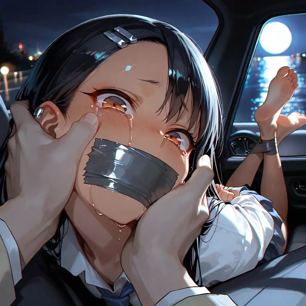 AI art 'Nagatoro First Date' with user description '## Part I: The Night Walk
The neon lights of the city cast a vibrant glow over the sidewalk as Hayase Nagatoro, now eighteen, walked ahead of her twenty-year-old date. He held a camera, constantly snapping photos of her as she teased him with her trademark smirk, laughing and eating a crepe he bought her. As midnight passed, they reached the quiet train station. He offered her a ride home, but she shook her head firmly. "No, it's totally fine. Thanks for the offer, but I actually live really nearby from this station." He insisted, but she stepped back. "Get home safe, okay?" Before she could finish, his hand shot forward, wrapping tightly around her wrist. "Hey—what are you doing?" she gasped as he dragged her toward his sedan and shoved her inside, the automatic locks clicking shut.
## Part II: The Grudge of the Past
Inside the vehicle, he quickly overpowered her, slamming industrial duct tape over her mouth and binding her tightly to the passenger seat. Sitting back, he explained his cold plan for vengeance. Two years prior, when he was eighteen, he was working at a grocery store to provide for his infant daughter. While taking photos of a fruit display for his boss, Nagatoro accidentally stumbled into him, dropping his phone. The camera inadvertently snapped a photo up her skirt, revealing she wore no panties. She made a massive public scene, leading to his arrest. He spent six months in prison, lost his job, and his wife left with their daughter. His plan was to take explicit photos of her to destroy her life just as she had destroyed his. However, when he pulled up her skirt to remove her underwear for the photos, he was stunned to find that her panties were completely soaked through due to an involuntary physiological reaction to her terror.
## Part III: The Negotiation and the Turn
The man stared at the damp fabric, completely bewildered. "You've got to be kidding me," he muttered. "You're shaking like a leaf, crying your eyes out, and you're soaking wet? What is wrong with you?" He hovered his hand near her face. "If I take this tape off your mouth, are you going to scream? Or are you going to actually explain yourself? Nod if you can keep your mouth shut." Nagatoro nodded frantically, and he peeled the tape away.
"It's... it's not what you think!" she cried out immediately, her voice cracking. "I'm not—I didn't mean for that to happen down there! It’s just... when I get terrified, my body goes completely out of control! It’s a stupid, disgusting reflex, okay?! Please, just listen to me! I am so, so sorry! I didn't know about your daughter, or your wife, or any of it! Two years ago, I was just a stupid, dumb teenager. I was insecure, and when I saw that photo, I panicked and acted like an idiot to save face. I never thought about what it would do to your life!"
"You ruined me," he hissed.
"I know! And I'm a horrible person for it!" she sobbed. "But you're not a monster. You just said it yourself, you're not a rapist. Please, give me a chance to fix it! My dad runs a major logistics company. If you let me go, I swear to God I will get you a job there. You’ll earn ten times more than you ever did at that grocery store. You can get your life back. Just... please, have mercy on me."
The man hesitated, the economic reality softening his gaze. "Ten times?" he asked quietly.
"Yes! I swear! I'll call him right in front of you," she pleaded. He sighed, reaching forward to cut her bindings. "Fine. If you're lying—"
"Wait," Nagatoro interrupted, her voice dropping to a low, shaky whisper as a manic, tearful smirk crossed her face. "I will do everything I just said. I'll get you the job. I'll pay you back for every single day you lost. But only... only if you fuck me like the absolute whore I am right now. Don't act like you haven't noticed. I saw it when you leaned over me. You're completely hard. And honestly... being trapped like this, completely helpless and at your mercy... it made me incredibly, unbearably horny. Put that motherfucking tape back on my mouth... and thrust your dick inside me. Do it."
Stunned by her sudden shift, his lingering rage flared alongside sudden lust. He slapped the duct tape back over her lips and gave in to his anger, driving into her with a punishing, vengeful rhythm. The sexual encounter took place entirely within the cramped front seat, fueled by the two years of bitterness she had caused him. Throughout the intense ordeal, Nagatoro's muffled cries transitioned from fear into overwhelming pleasure, her body arching in helpless ecstasy. By the time the fury spent itself, he had reached his climax and cummed inside her three separate times. When it was finally over and the remaining tape was peeled away, Nagatoro slumped forward, catching her breath. A soft, dazed smile spread across her face as she looked at him with an affectionate warmth. "So," she purred, resting her chin on her hand, her eyes gleaming. "Where is going to be our next date, my perfect boyfriend?"'