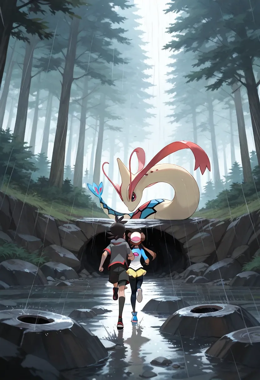 AI art "Rosa and Milotic's secret [PART11]" with user description "Trapped in a cave due to the storm and we accidentally walk into a magic circle"