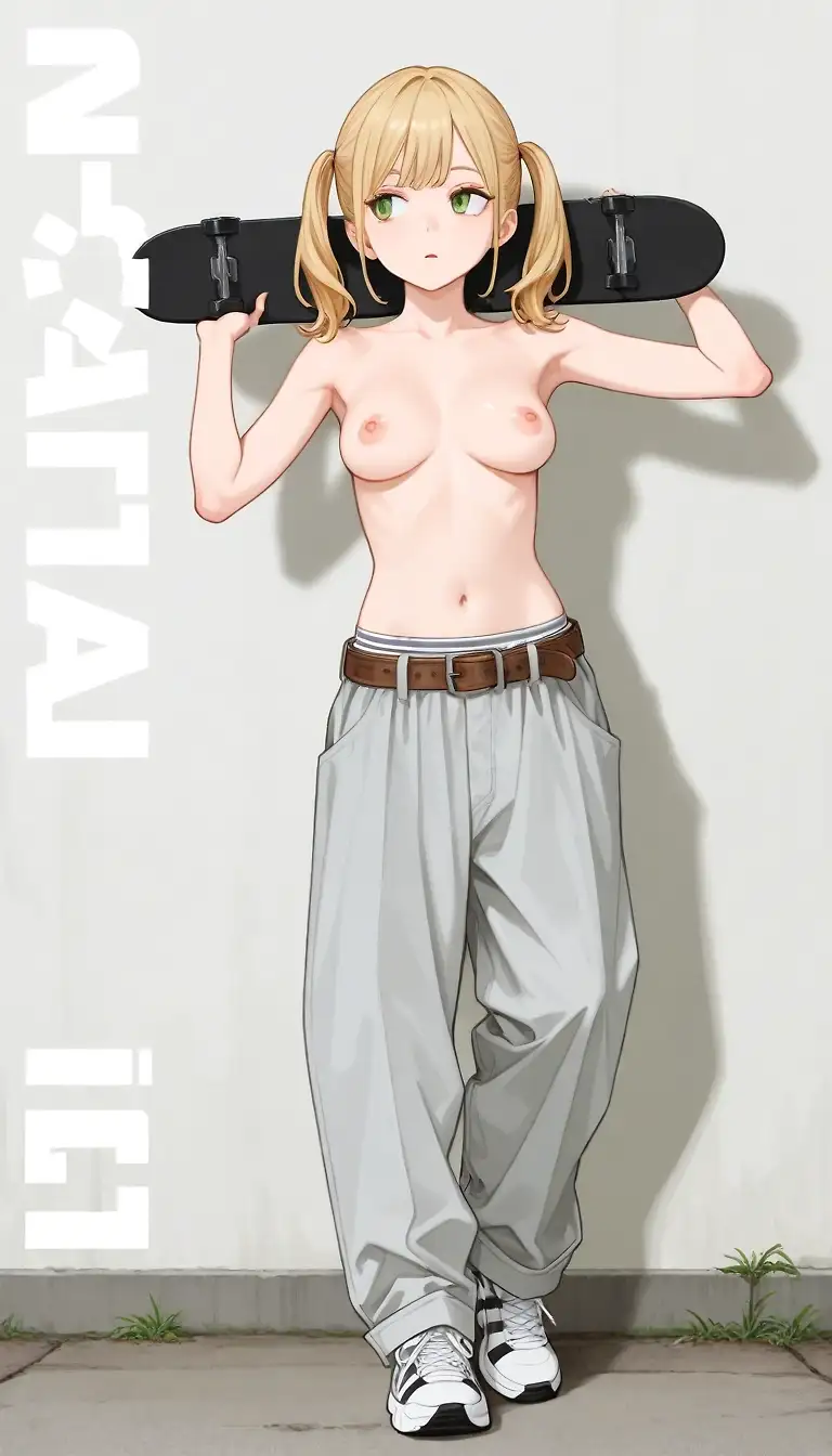 AI art 'Miki Crashes' with user description 'In her pursuit to restore her love for skateboarding, Miki suffers a set-back.  Her boyfriend comforts her and then it turns intimate.'