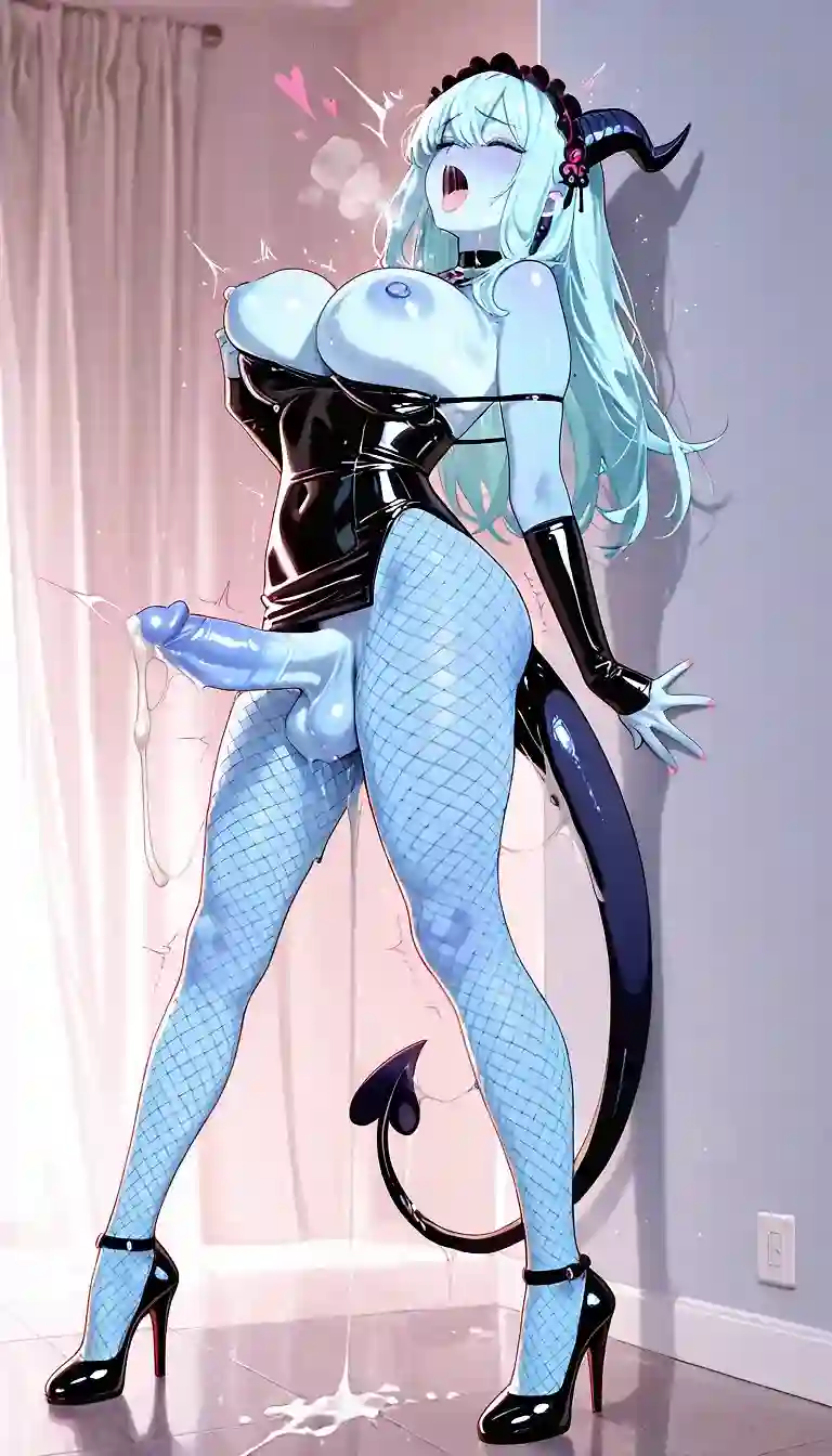 AI art for prompt: 'Light blue skin Demon Milf with tail in long tight mesh fishnet mini dress big boobs make up,, high heels standing solo spreading her legs open futanari, pulling bra off, tail job tail fuck cum, out of breathe screaming in pleasure , serpent monster sucking cock'