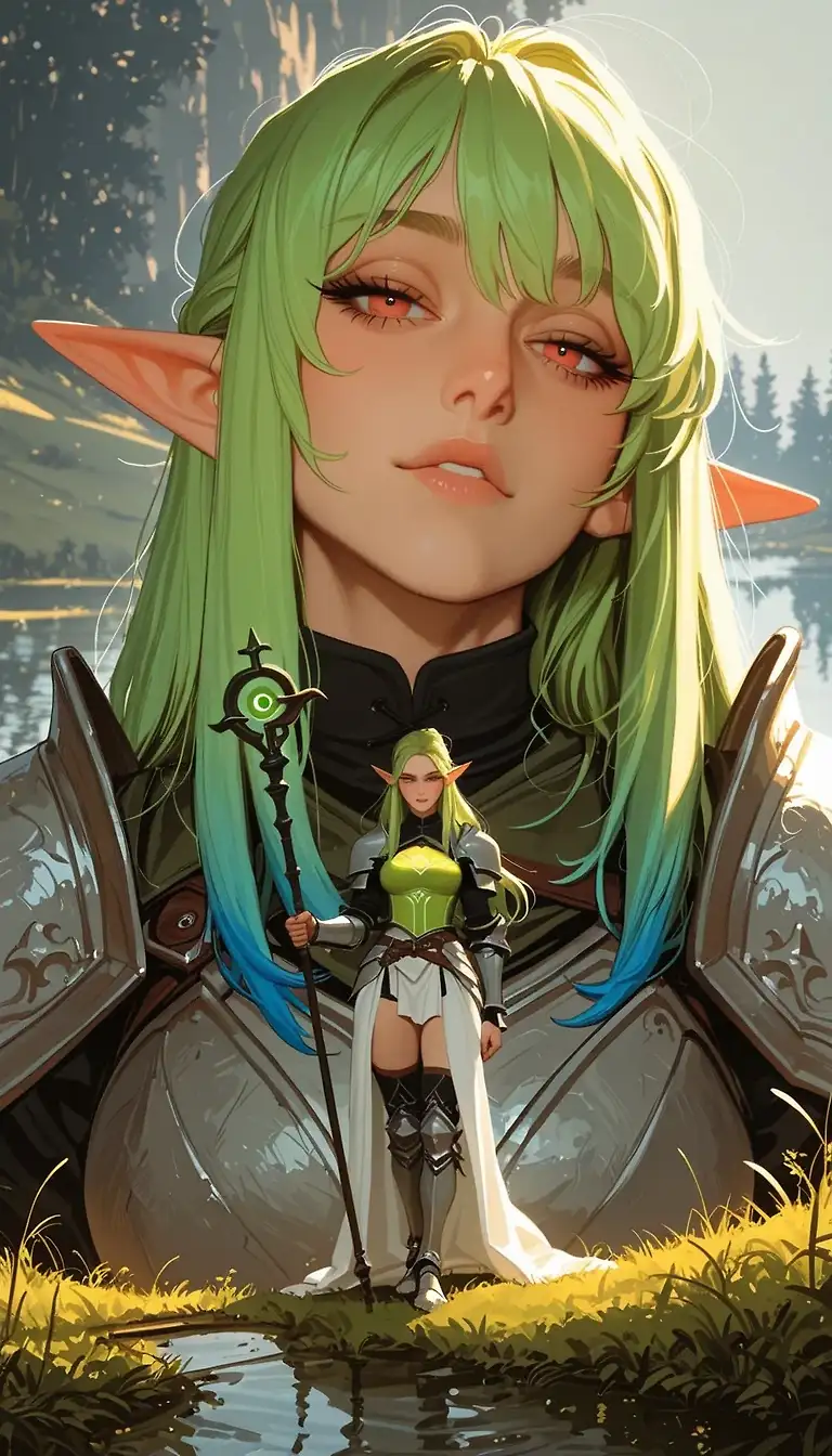 AI art 'Dungeons with Islas' with user description 'CHALLENGE ISSUED BY @cro_bo 

I have always created Camille as an elf mage for adventuring off in distant lands and exploring the darkest dungeons...among other things 😏

@peterco @goobygubby @cef_ultra @terror2 @parda @warmicestudios @octavian @hollenwulf @zuzul'