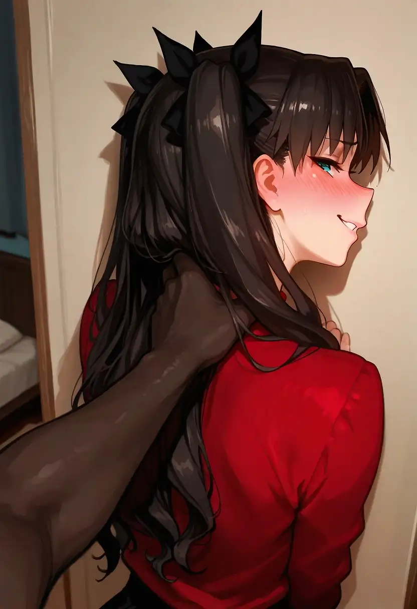 AI art 'Rin Tohsaka Has Cocky Attitude Pounded Out (BLACKED VERS.)' with user description 'Posted this on my X account too. Feel free to follow me @N0CTURNALzz. DM me for requests. Took some time to get this sorted well, please let me know who else you want and what you want to see.'