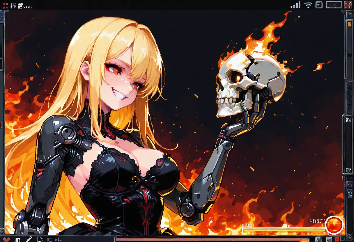 AI art '🦾 Amber's first stage is so easy (Mega Tokyo 2032 AD)' with user description 'I got a bootleg Japanese copy of this underground cult videogame.

I don't know what I'm actually doing as long as I don't know Japanese..

Stage 2.5 first half is so easy, it's like you talk to Amber till she's furious or something and does some tone or not to be juggling, but the second half..

Congratulations on your milestone @gildenstein 🍻🪅🥳🪩 I'm proud of calling you a friend 😘😁🦾'