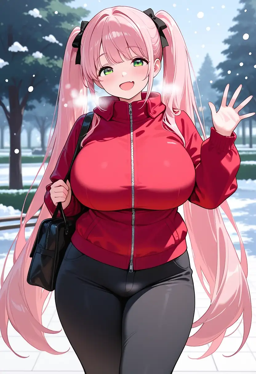 AI art 'WInter Kurumi' with user description 'No sun? No tan, sadly. Kurumi recognizes you, even if she's not easily, and follows you to your cabin for a quickie by the fire.'