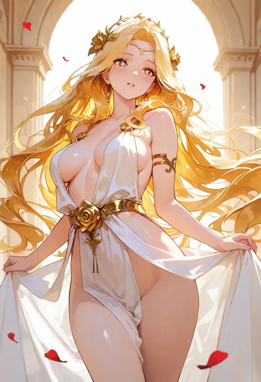 AI art 'Aphrodite' for prompt: 'Aphrodite, Greek goddess, beautiful, sexy, anime style, long golden hair, sparkling eyes, flawless skin, soft blush, very revealing robe, curves, gold accents, pearls, graceful pose, alluring expression, playful, rose petals, soft warm lighting, gentle breeze, highly detailed, vibrant colors, cinematic, masterpiece, ultra-detailed'