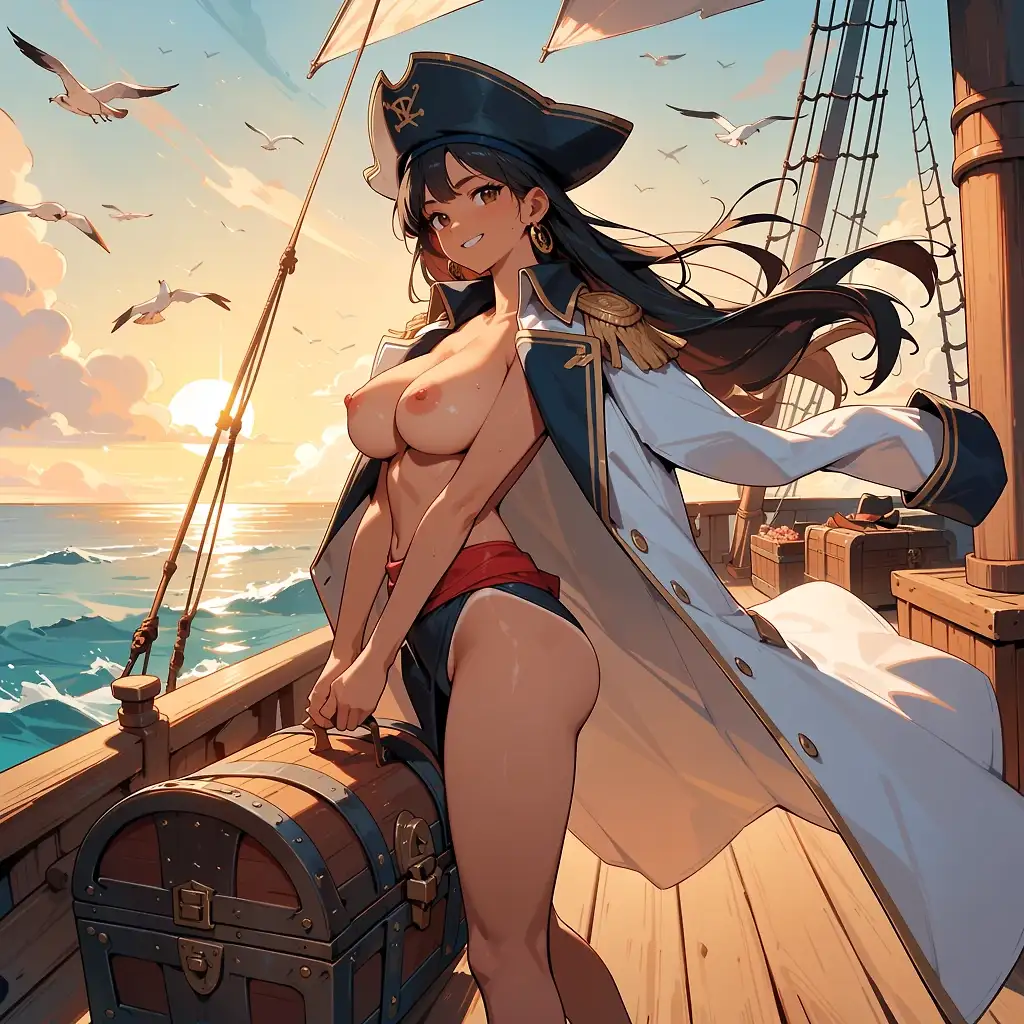 AI art 'The Captain's Treasure' with user description 'Some captains celebrate with rum.

Some celebrate with songs.

She chose to spend the evening surrounded by enough treasure to bankrupt a kingdom.

A perfectly reasonable decision. 💎🏴‍☠️🪙'
