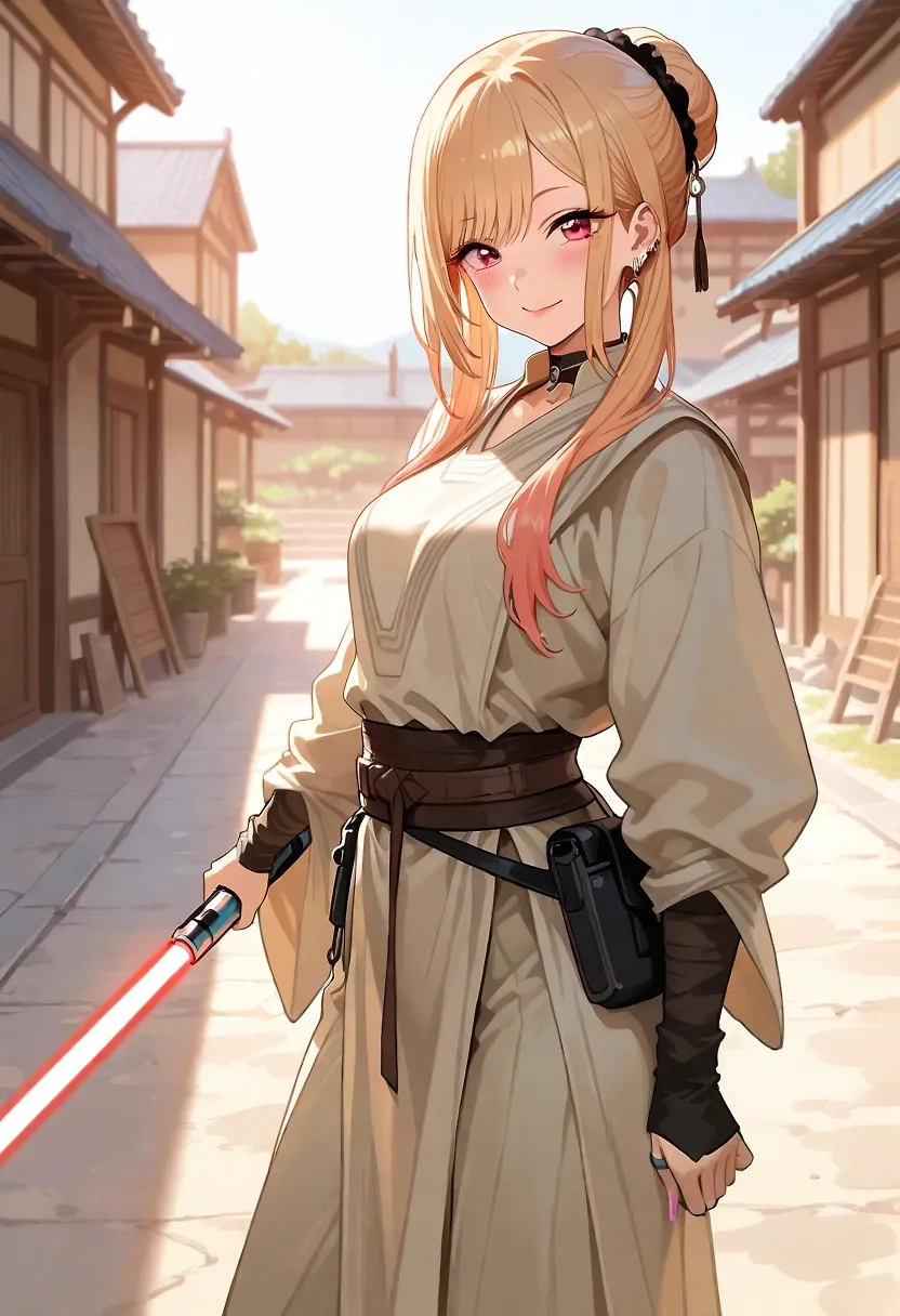 AI art "Marin Does Jedi Cosplay" with user description "Marin Kitagawa adds "Star Wars" to her cosplay repertoire, kitted out as a Jedi. Marin likes Rey (Marin just wants an excuse to handle a lightsaber) and was impressed by how Rey developed into a truly formidable Jedi."
