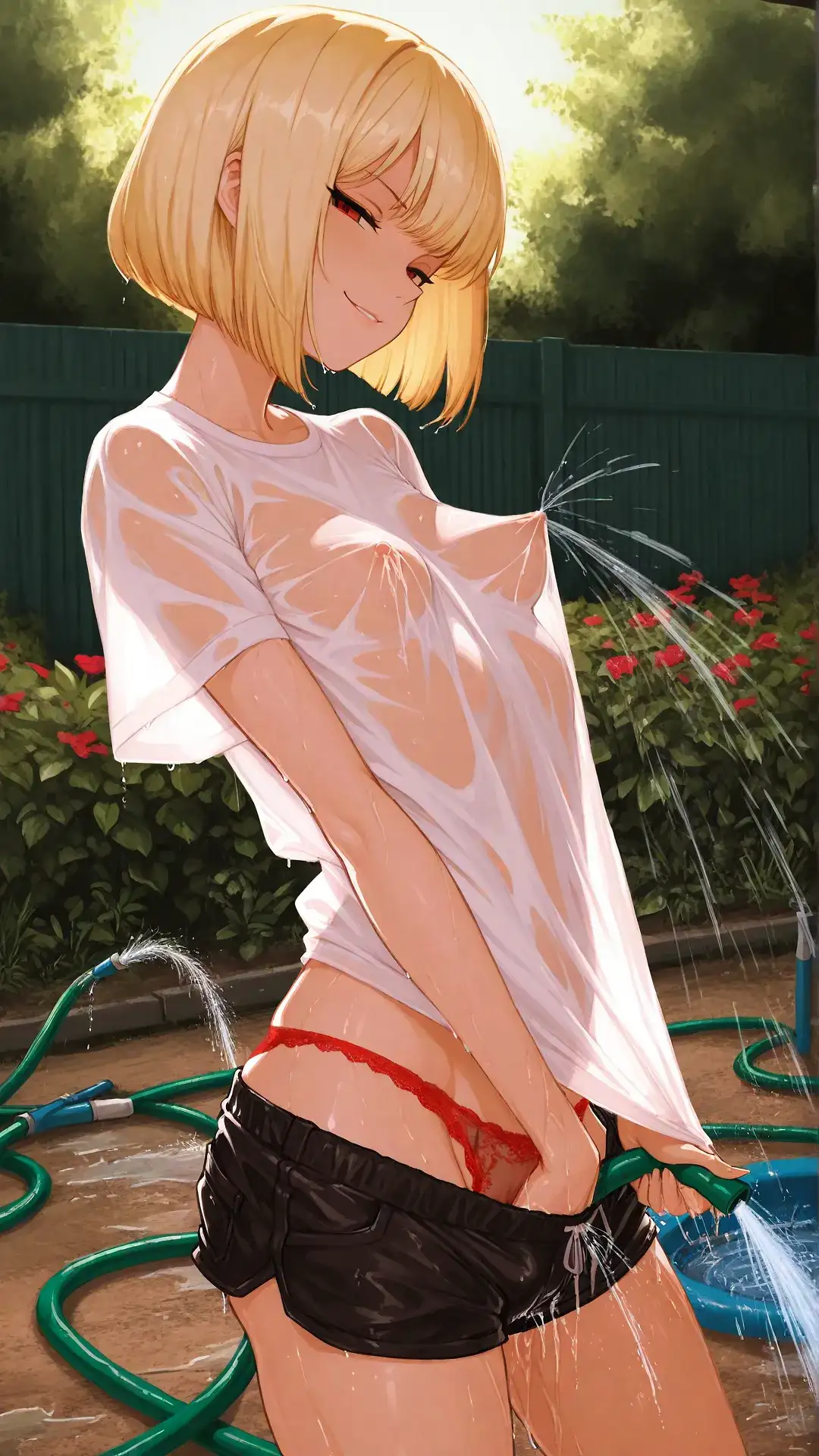 AI art 'Watersports' for prompt: '1girl, seductive pose, medium small breasts, perky breasts, white shirt,black booty shorts, spraying self with garden hose, wet, see through shirt, exposed nipples,backyard, public looking at viewer, smirk, blonde bob cut, pulled down shorts, exposed red lace panties, masturbating, hand in shorts, lewd, obscene'