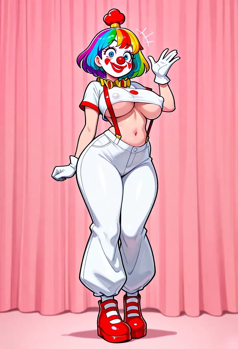 AI art 'Meet Silligoose' with user description 'Silligoose the Clown is devoted to being silly. She feels that silliness helps people raise their spirits when they feel unhappy. It's no surprise that the first day of April is Silligoose's favorite day. She thinks it's wonderful that there's a day devoted to being silly and foolish. Therefore, Silligoose wishes one and all a very silly April Fool's Day!'