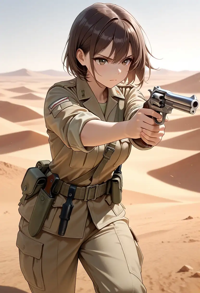 AI art 'Desert Showdown' with user description 'Captain Felicia Snowdon, SOE operative, has been pursuing an enemy agent in the North African desert. The enemy agent reportedly has sensitive information regarding Allied military capabilities and must be found and stopped. Capt. Snowdon, closing in on the enemy agent's location, is taking no chances...'