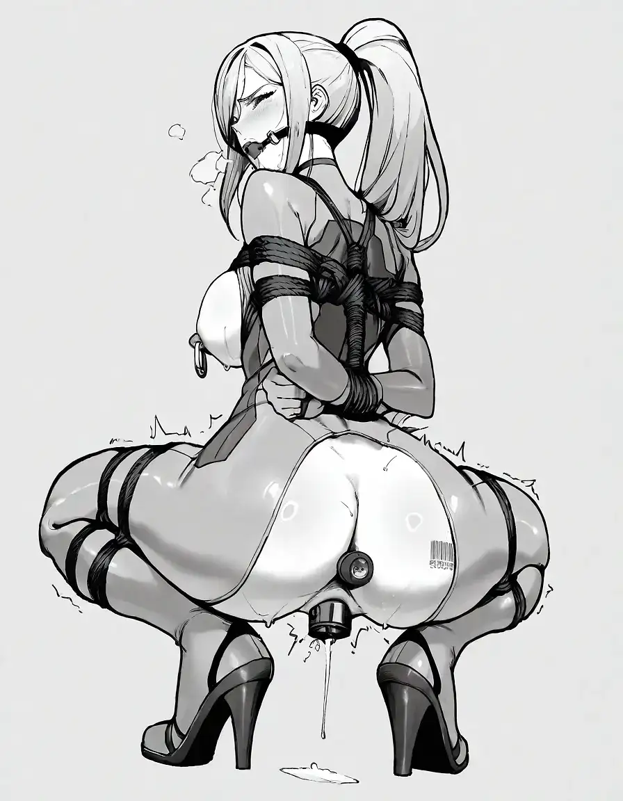 AI art for prompt: 'samus aran
zero suit
uncensored
simple background
From behind
Looking back
1girl
Full body
Milf
Wide hips
Breasts out
Nipple rings
vibrator on nipples
Arms behind back
Arms tied
squatting
double penetration
Anal object insertion
Vaginal object insertion
barcode tattoo
Orgasm
wince
gagged
shibari'