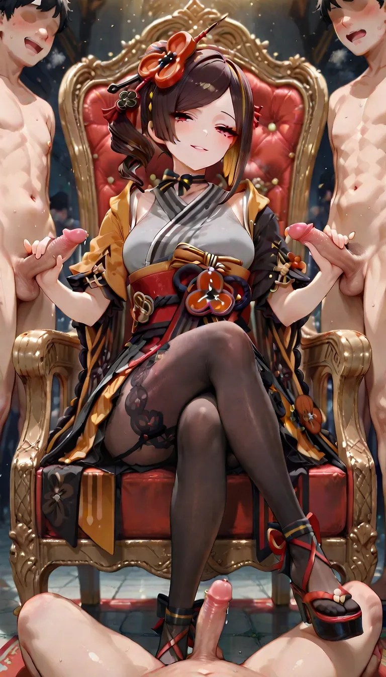 Genshin Chiori surrounded by cocks