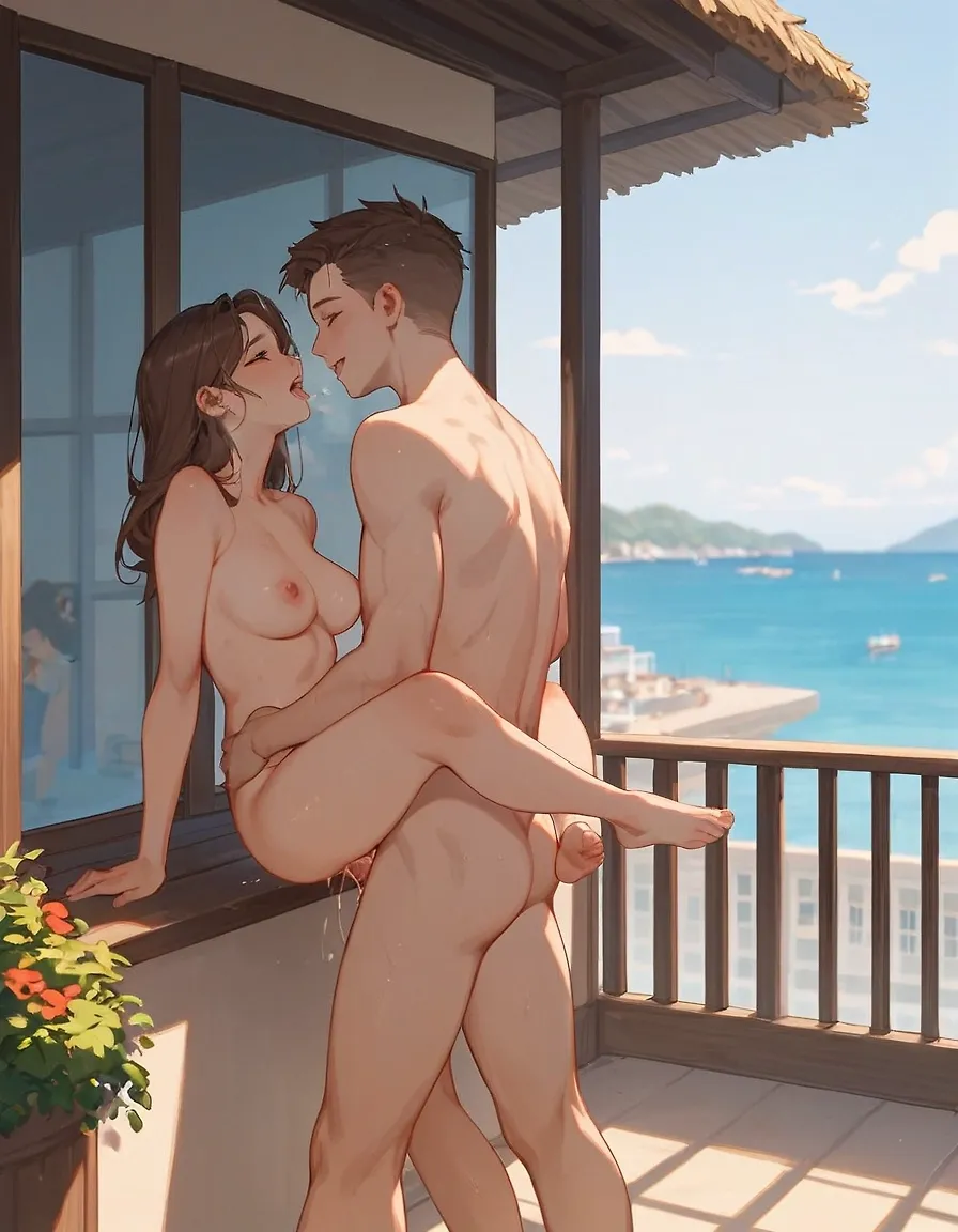 AI art "That is a great view" with user description "I decided to take things outside for this experimental set. There’s something undeniably magnetic about the combination of open air, the ocean breeze, and total vulnerability.

The goal here was to play with natural sunlight and the breathtaking backdrop of the coast. Whether it’s leaning against the balcony or caught in a moment of pure heat, these shots are all about appreciating the 'view' from every possible angle.

It’s a bit different from my usual urban or indoor setups, but sometimes the best inspiration comes from stepping out onto the terrace. Which view do you prefer: the horizon or what's happening in front of it?"