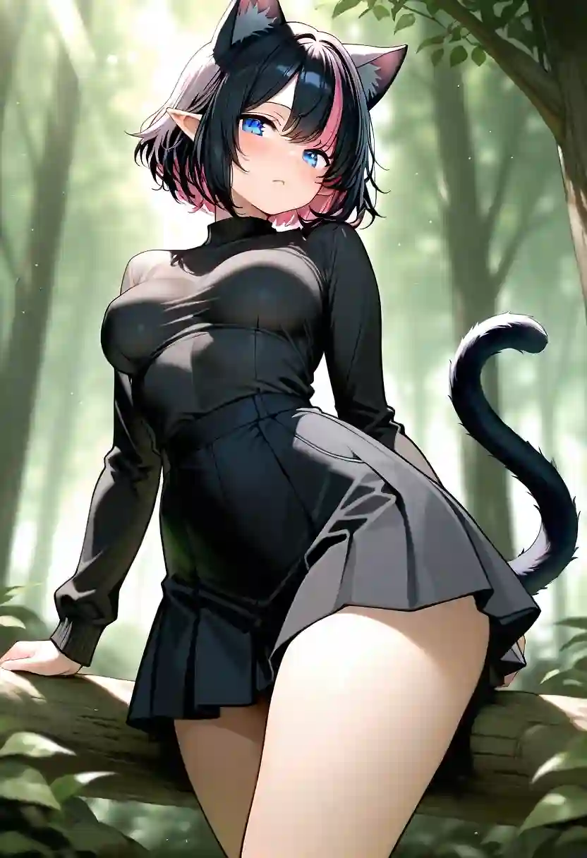 AI art 'Nixie Hot Spring' with user description 'This is a new OC based on an idea from @zuzul. A cat elf girl named Nixie, or Nix for short. She is the town scholar, and only cat girl in the elf village. As such, she has a special affinity with all magic, not just tree magic like the rest of her kin. Her personality is sweet but teasing, and cute and innocent outside but far from innocent inside. 

Her pink highlights in her hair changes randomly, sometimes her hair turns mostly pink, not even Nixie knows why. Some believe it changes depending on her mood, specifically that her hair is pink when she is horny. But that is not confirmed as it is not consistent. 

Today she decided to go to the hot spring on the edge of the forest, luckily no human or elf spotted her so she was able to enjoy herself. 

Let me know what you think of her.'