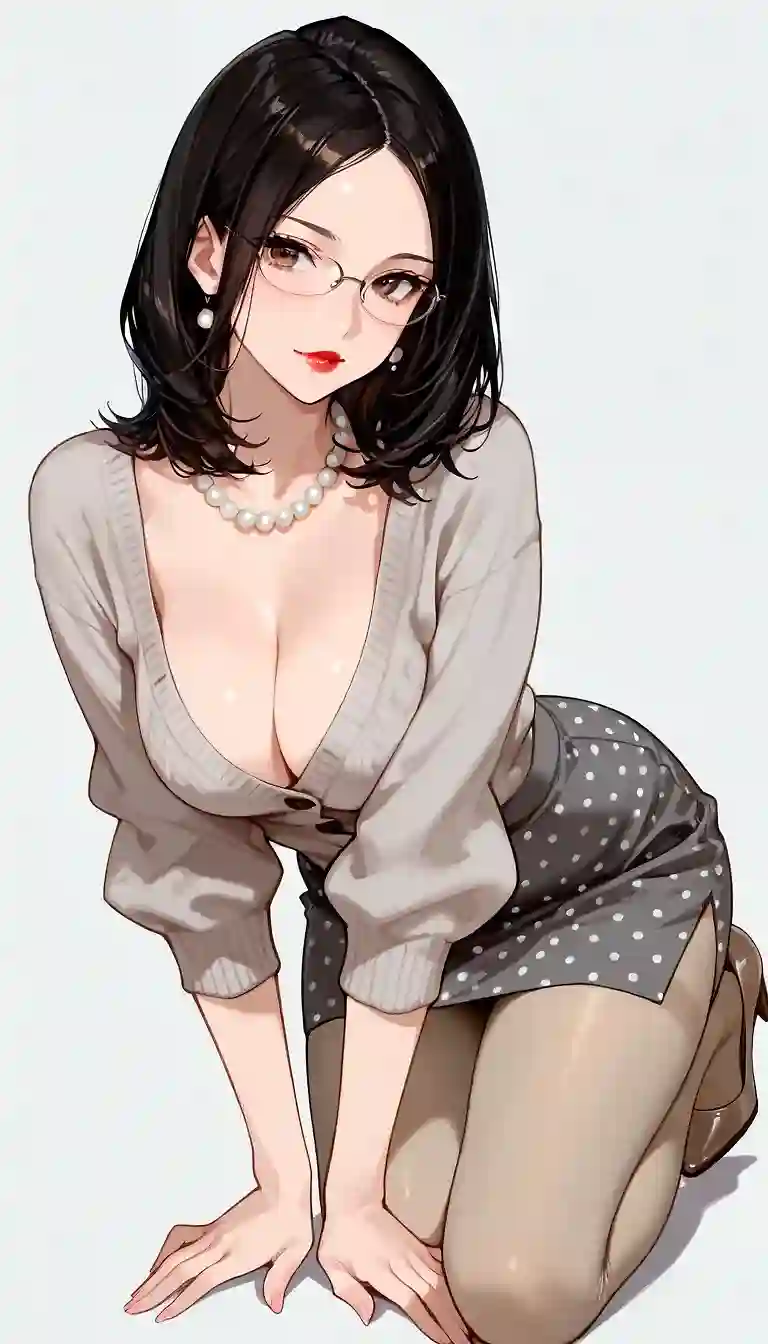 AI art 'Glasses & pantyhose (2)' for prompt: '1Milf, slim, solo, breasts, cleavage, black hair, medium hair, no bangs, brown eyes, glasses, red lips, light gray cardigan, gray polka dot a line skirt, beige pantyhose, dark brown heels, accessorized with a pearl necklace'