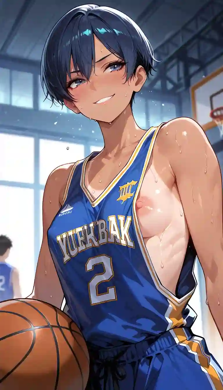 AI art 'Gender bender - Aomine (Kuroko no Basket)' with user description 'One of my favorite anime series is Kuroko no Basket. The plot revolves around the best high school basketball players, the "Generation of Miracles." I've been imagining its members as female players, and especially what they do right after the game, when their boyfriends relentlessly attack them... None of them wear bras, and of course, with all that movement, they show a lot. In this case, this is Aomine, a true basketball star, who is attacked by her boyfriend in the locker room after the game...'