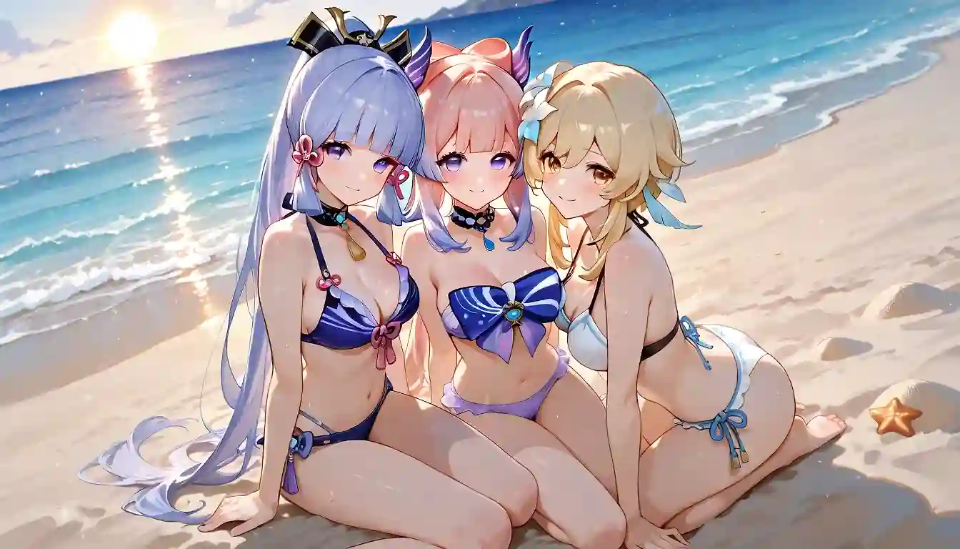 AI art "Ayaka, Lumine and Kokomi at beach"