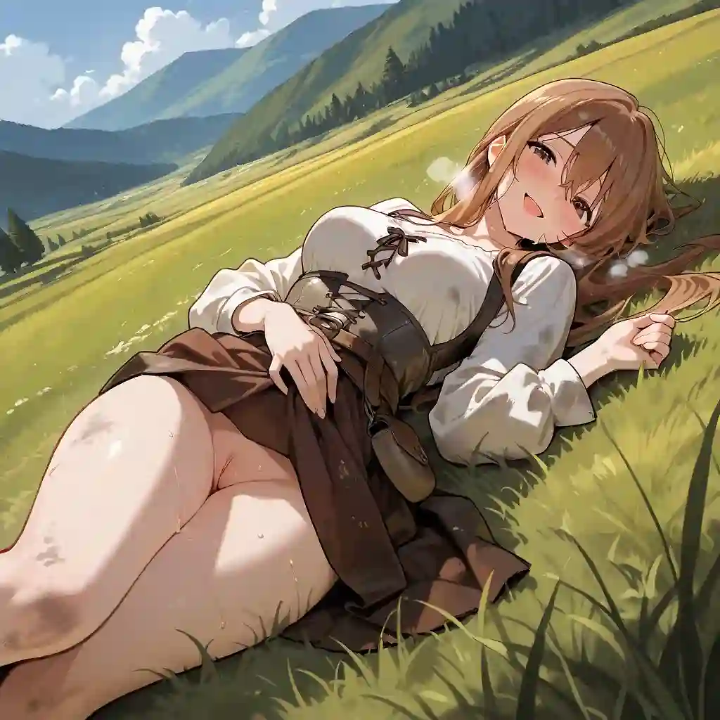 AI art for prompt: 'long hair between eyes, hill, wide shot, lying, shy, smile, uncensored, looking at viewer, solo, nature, brown hair, medieval, skirt, heavy breathing, sweat, medium breasts, open mouth, grass, dirty clothes'