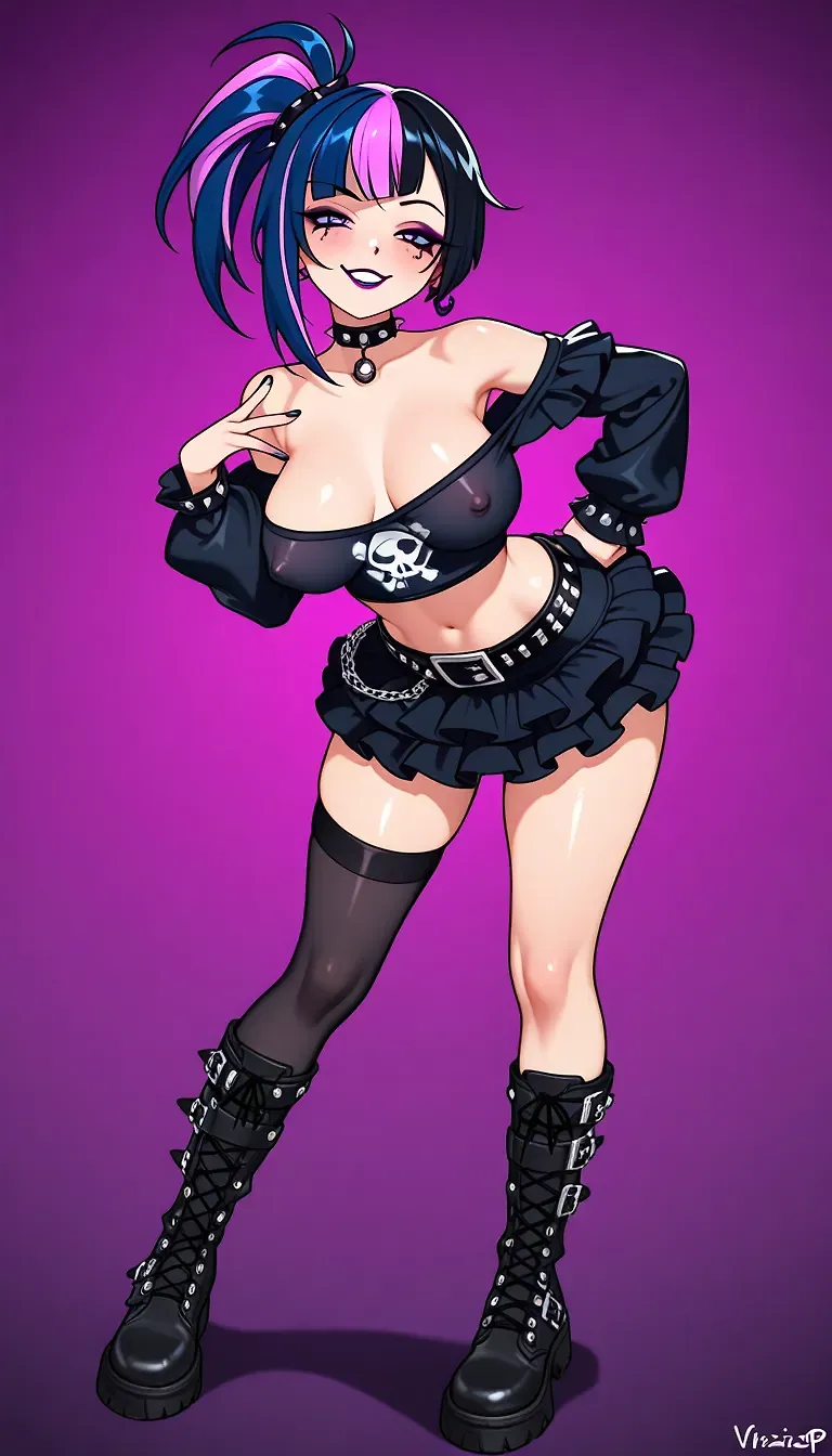 AI art "Big titty goth girl" for prompt: "{vivziepop style}, 1girl, large perky breasts apart, makeup, goth-punk fashion style, frilled skirt, asymmetric hair, multicolored hair, come hither, leather belts, knee-high Combat boots metal accents, covered nipples, naughty face, sexy pose, revealing clothes, creative pose, midriff, off-shoulder"