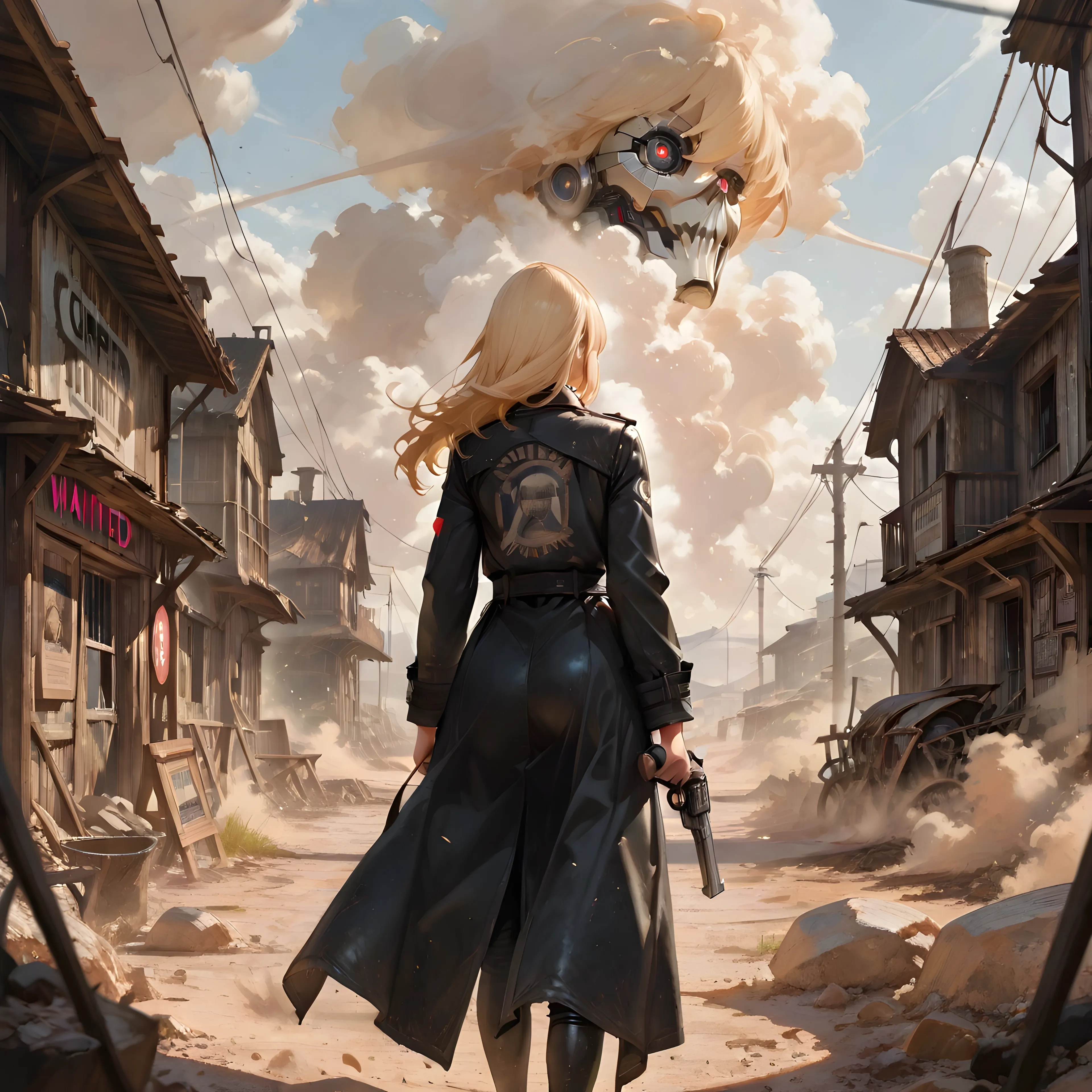 AI art "Dust and Steel" with user description "In a forgotten desert town, she walks alone beneath the burning sky. One gun, one shadow, and something ancient waking in the clouds."