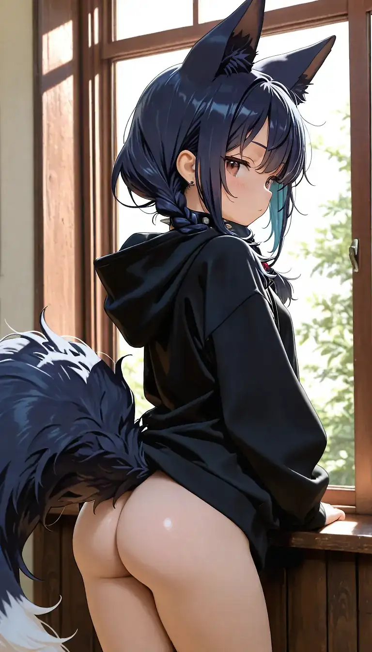 AI art for prompt: '1girl, foxgirl, spiked choker, bottomless, navy hair, low twin braids, petite, very short, pettanko, plain black hoodie, over sized hoodie,  bubble butt, viewed from the back, fluffy tail sticking out lifting up hoodie, looking out window, looking back,'