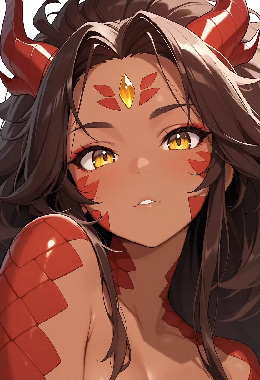 AI art "Cave Quickie with a Dragon Cutie" for prompt: "1girl, dragon-girl, scaled skin, red scales, anthro, dragon tail, human face, brown hair, {brown skin), (yellow eyes), big hair, messy hair, portrait, face scales, forehead gem"