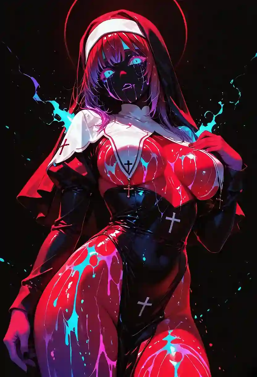 AI art 'Corruption' for prompt: 'black_background, ultraviolet light, bodypaint, high contrast, nun, revealing clothes, large breasts, red theme , horror(theme)'