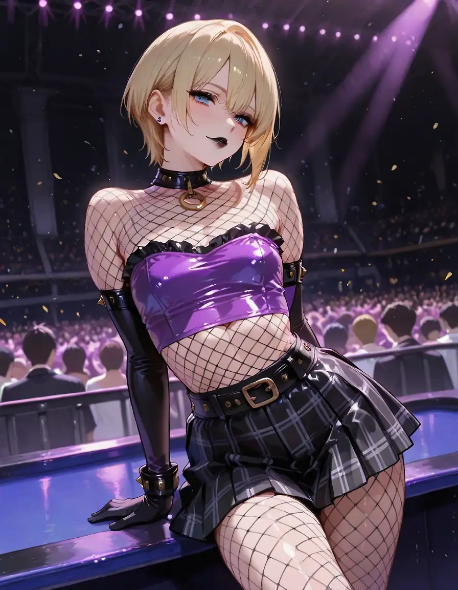 AI art 'Beepy meets their fav musician' with user description 'Beepy sneaks back stage after an amazing concert. Timidly, he knocks on the guitarists dressing room door. Fully expecting a simple autograph, he sees the opportunity to take the rock star’s signature—written in cum'