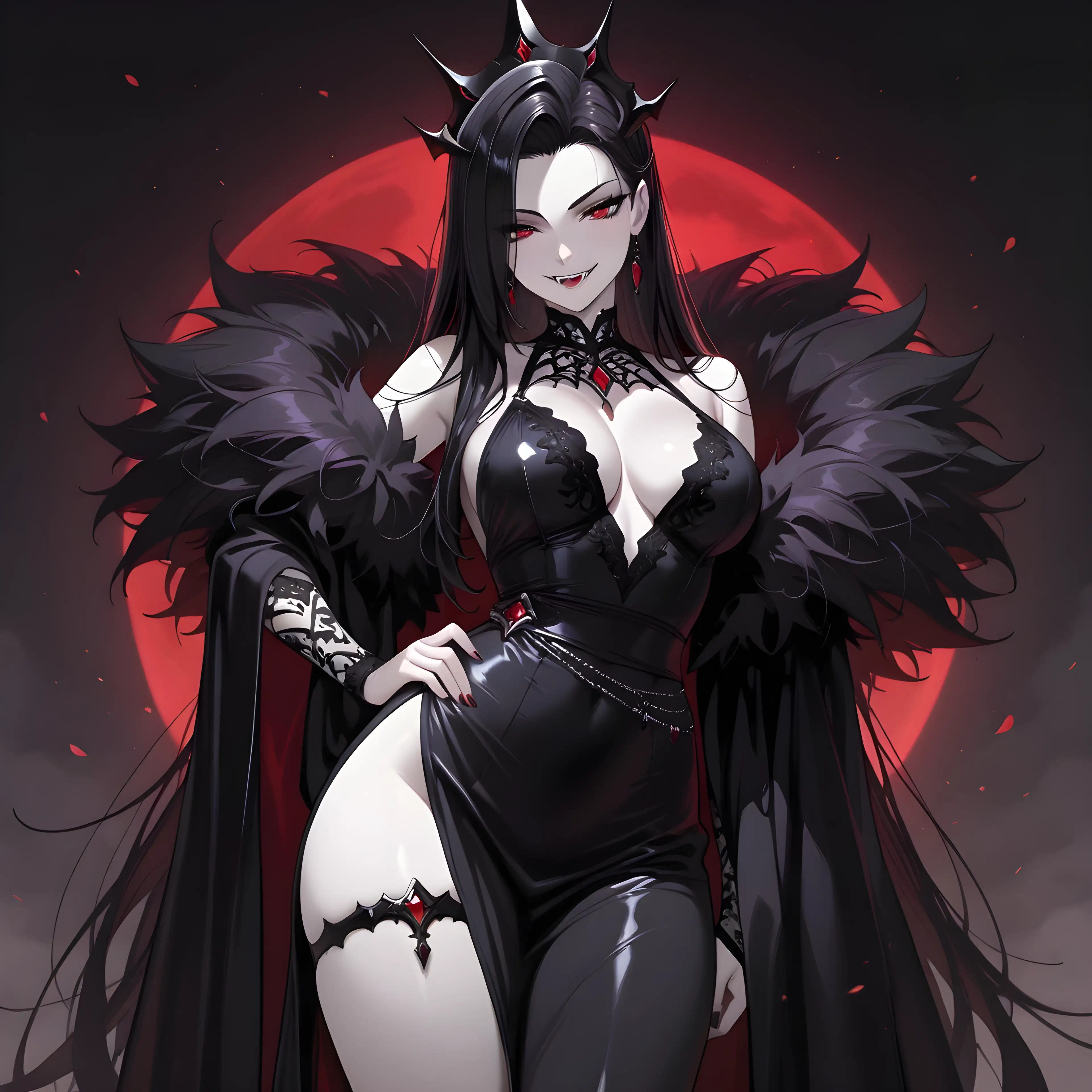 AI art 'Eu sunt Dracul!' with user description 'The night belongs to those who fear it. 🌕

She merely rules it.

Beneath crimson skies and silent wings, 🦇
her smile is both an invitation and a warning. 

Some follow willingly.
None leave unchanged.'