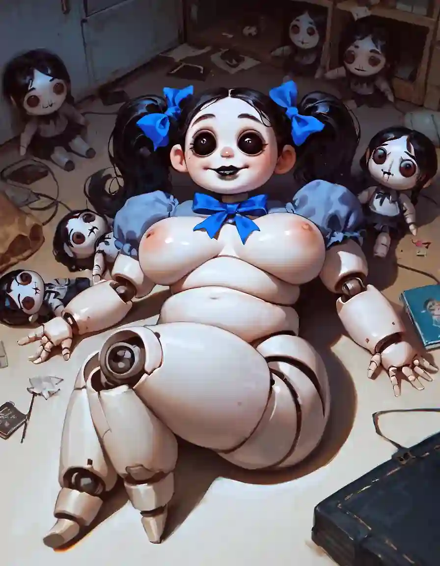 AI art 'Acursed dolls' for prompt: '1 girl, white skin, plump breast, plump ass, dark hair, twin tails, shorter female, black lips, tilted head, blue ribbons, room, doll joints, creepy, creepy smile, full body, round face, laying on the ground, small sized, above view, spread legs, blindfold'