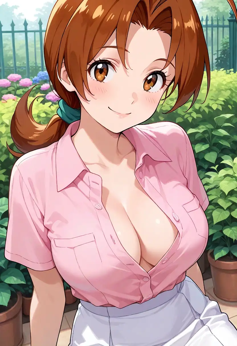 AI art 'Delia the lonely mother [PART1]' with user description 'Sunny day, it's time to water flowers from my garden'