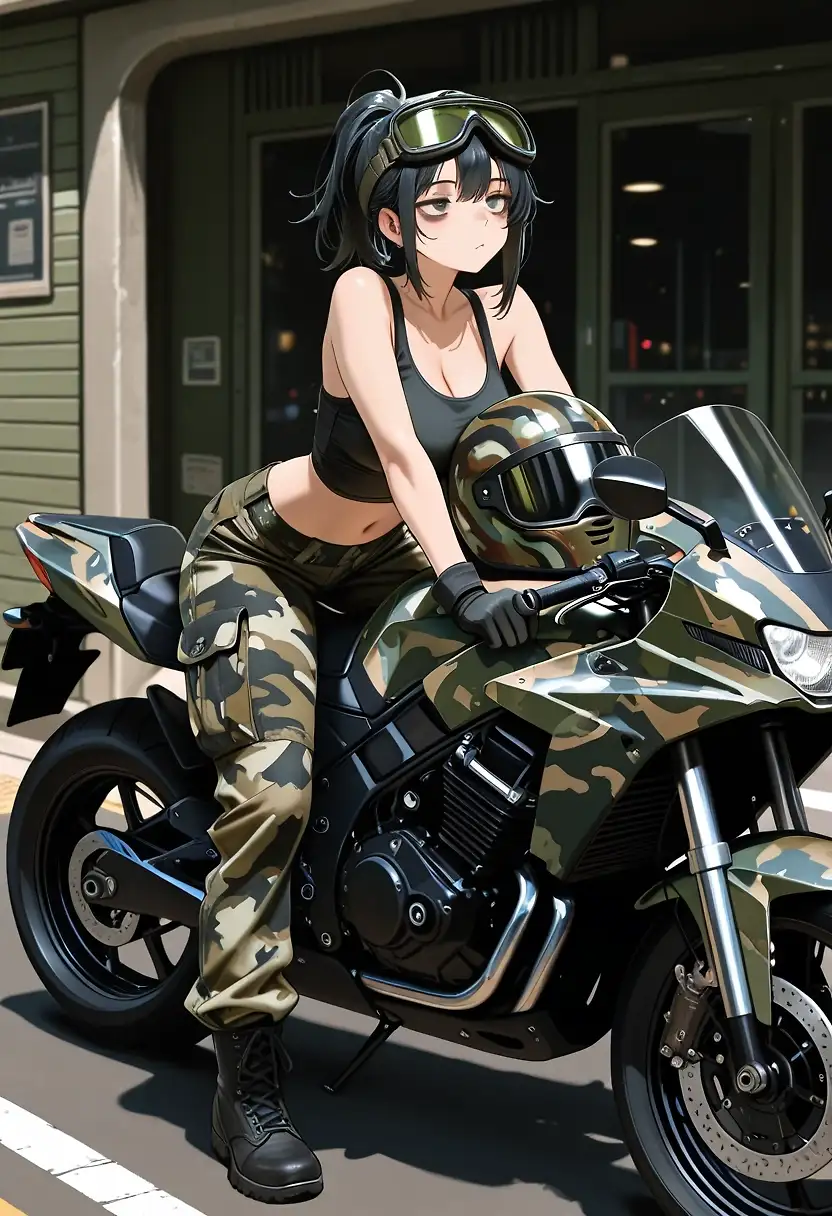 AI art 'A Date With Stealth-chan' with user description 'Today’s date partner is the quiet, mysterious woman known as Stealth-chan.  She comes and goes at all hours, to the military base, to the station, to the store, with no regularity.  You wonder if she ever sleeps.  Or if she does anything besides whatever her secretive job is.  Maybe, if you spend some time with her, you can get a glimpse behind her emotionless mask.'